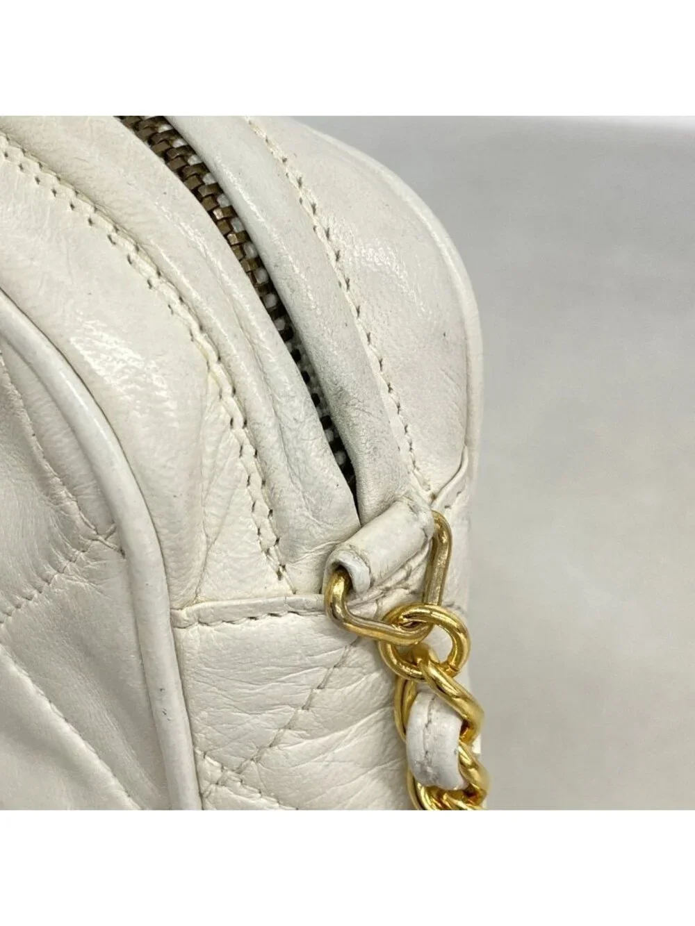 Chanel Shoulder Bag Quilted Lambskin White Gold